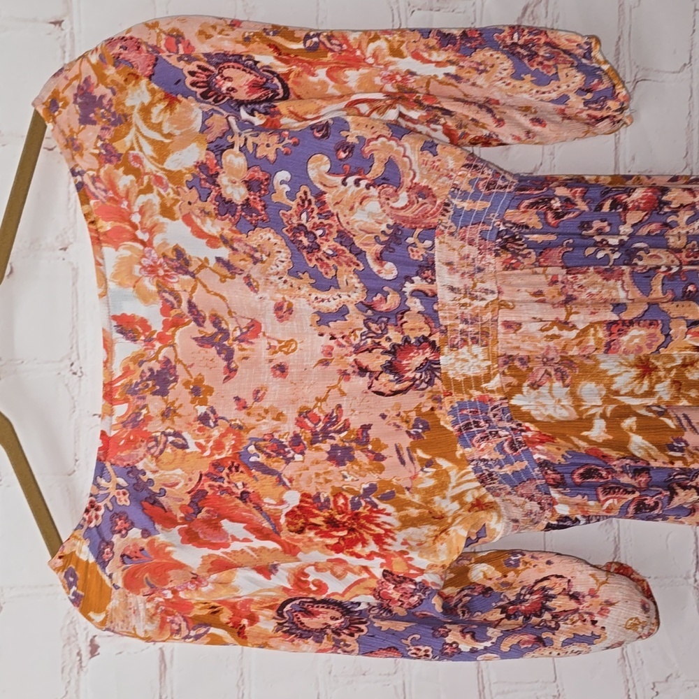 Myra Bag V-Neck A-Line Orange Purple Floral Elastic Waist Dress Womens Size L - Picture 10 of 16